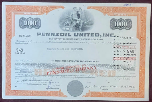 Vintage Pennzoil United Inc. stock certificate for 1000 shares, orange decorative border with central allegorical engraving,