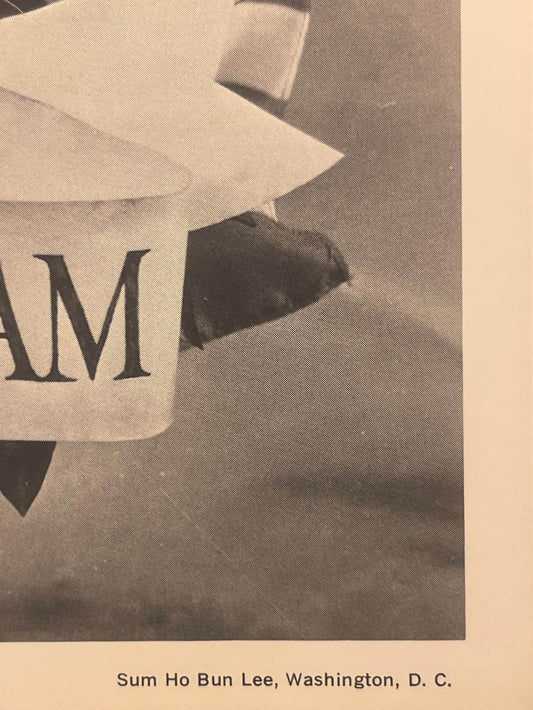 Close-up of vintage commemorative print showing "M" text and silhouette against cream and tan background, with "Sum Ho Bun Le