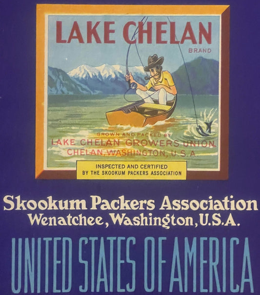 Vintage fruit crate label featuring a boy fishing from a boat with snow-capped mountains, issued by Lake Chelan Growers Union