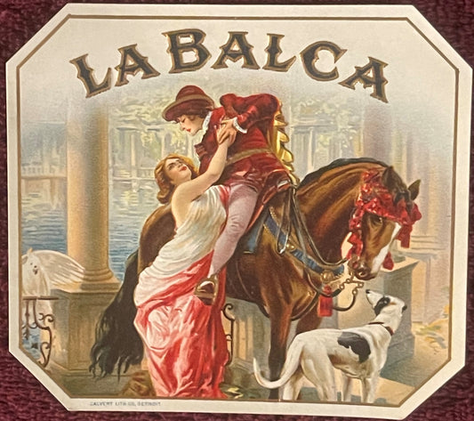Vintage cigar label with gold-embossed text "LA BALCA" at top, featuring a woman in classical dress reaching toward a man on