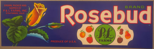 Vintage Rosebud fruit crate label with orange rose, P&L Farms logo, and produce illustrations on purple background, Strathmor
