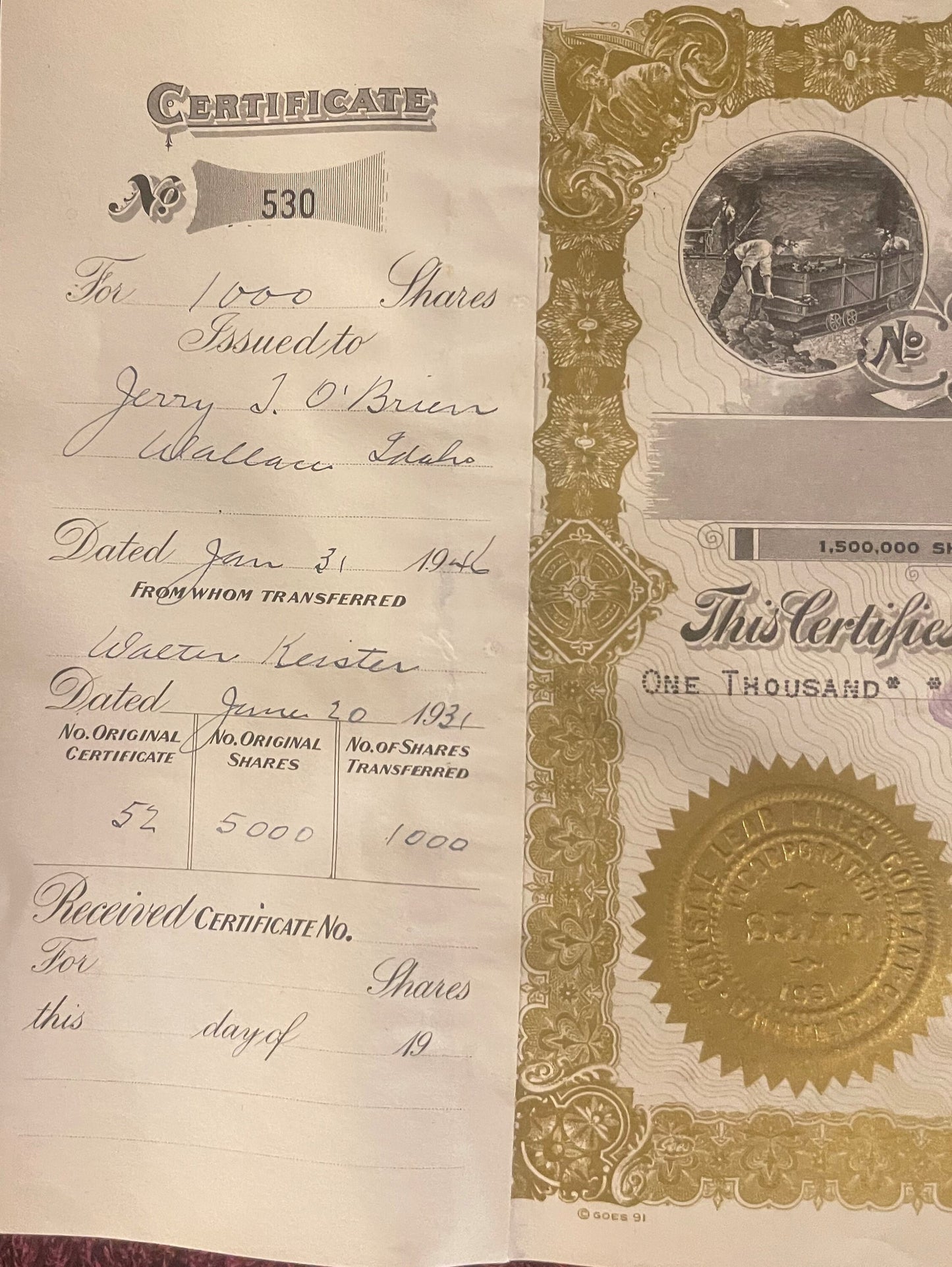 Two pages of a stock certificate for 1,000 shares, Idaho, with ornate gold borders