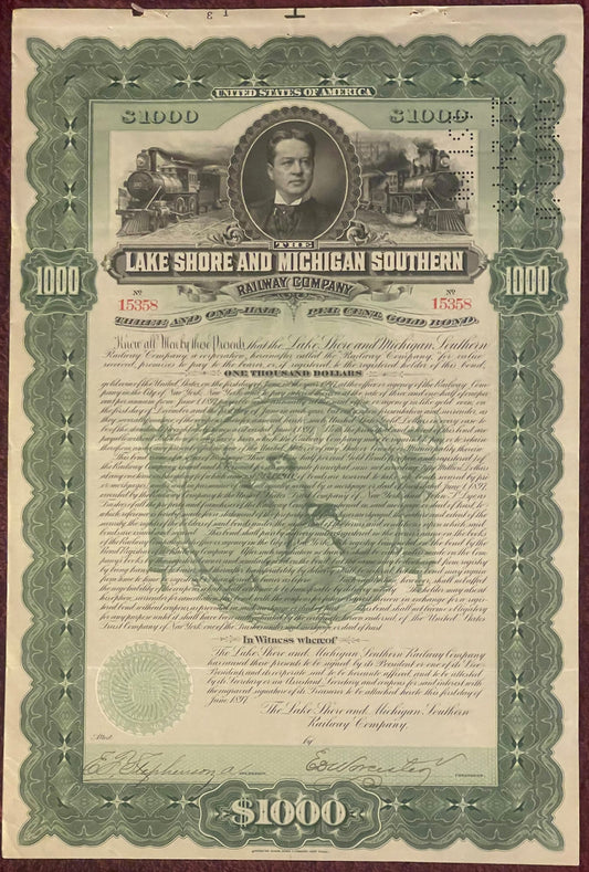 Ornate 1897 Lake Shore and Michigan Southern Railway $1000 gold bond certificate with portrait, train vignettes, and decorati