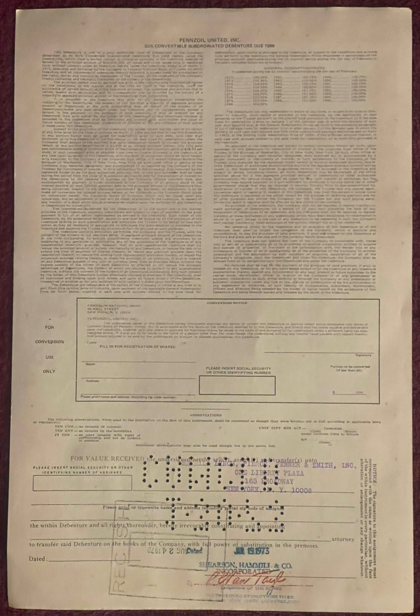 Vintage Pennzoil United stock certificate for 1000 shares with orange and black printing, showing conversion notice and compa