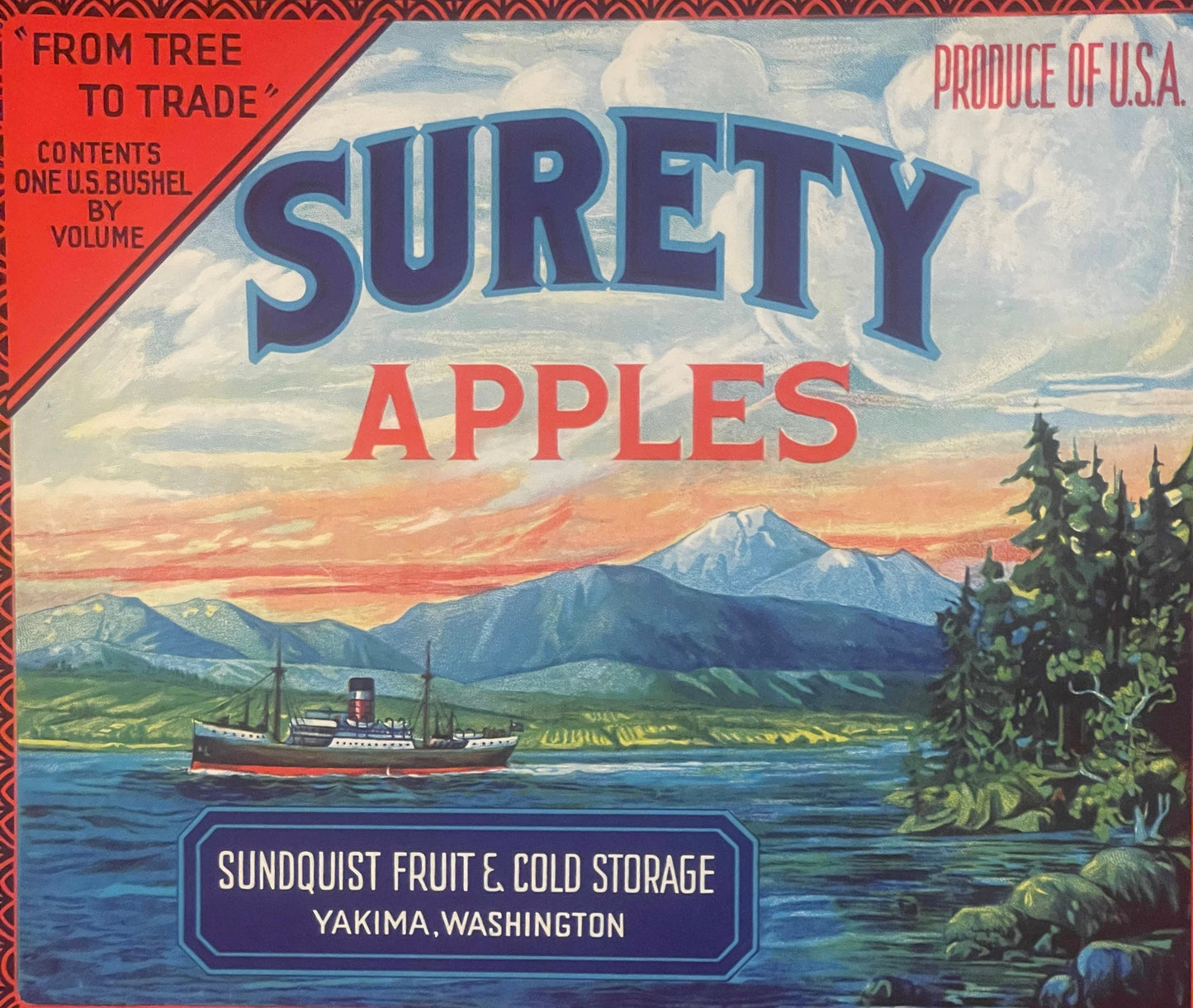 1920s Antique Apple Crate Label: Yakima 🍎 WA Steamship Graphic