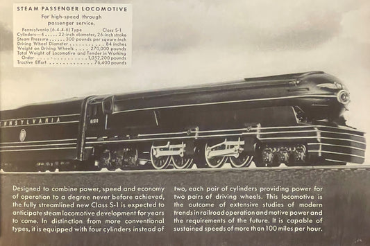 Black and white photograph of streamlined Pennsylvania Railroad Class S-1 steam locomotive #6100 with technical specification