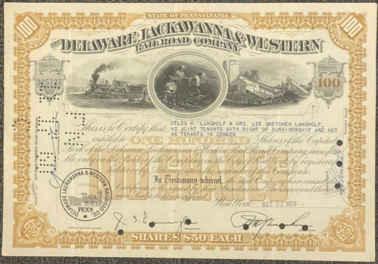 Ornate Delaware, Lackawanna & Western Railroad stock certificate for 100 shares at $50 each, featuring steam locomotive