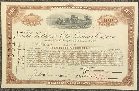 Vintage Baltimore & Ohio Railroad stock certificate for 100 shares, brown and cream colored with ornate borders and steam loc