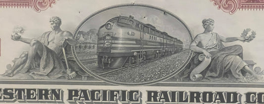 Engraved stock certificate detail showing streamlined train in circular medallion flanked by classical figures, with "WESTERN