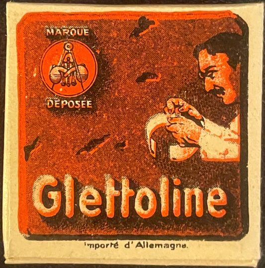 Unopened vintage Glattolin wax box with orange and brown label showing a man's profile and German text "Importé d'Allemagne