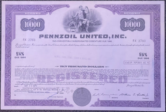 Purple bond certificate for Pennzoil United, Inc. with $10,000 denomination, 5¼% interest due 1996, featuring classical alleg