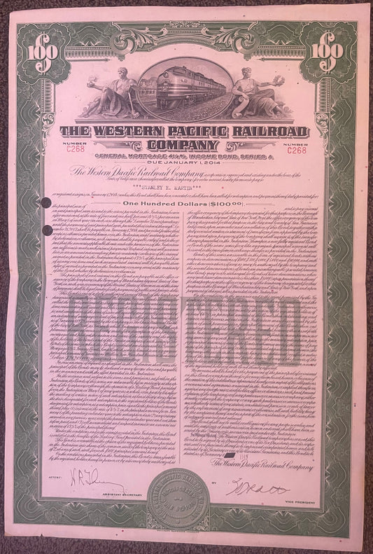 Pink and green antique Western Pacific Railroad $100 income bond from 1945, Series A, featuring steam locomotive and allegori