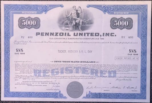 Vintage Pennzoil United Inc. stock certificate for 5000 shares, 5½% convertible subordinated debenture due 1996, printed in b