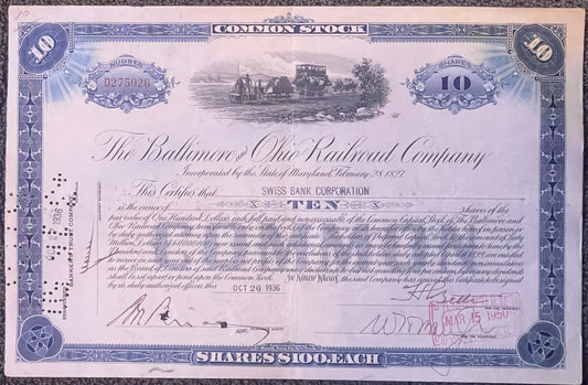 Vintage Baltimore & Ohio Railroad stock certificate for ten shares, blue-printed with locomotive vignette, dated October 26,