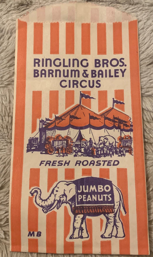 Vintage Ringling Bros Barnum & Bailey Circus peanut bag with red and white striped design, elephant logo, and circus tent ill