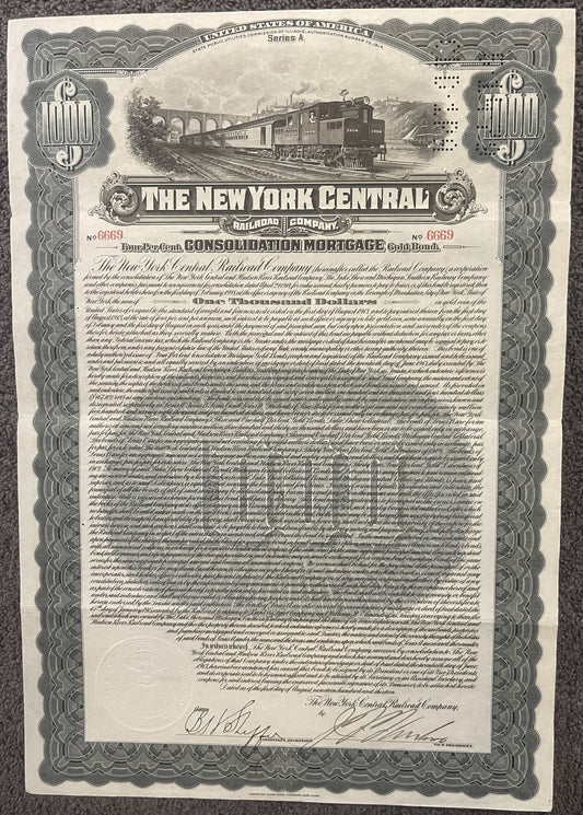 Antique 1913 New York Central Railroad $1000 gold bond certificate with steam locomotive vignette, ornate border, and handwri