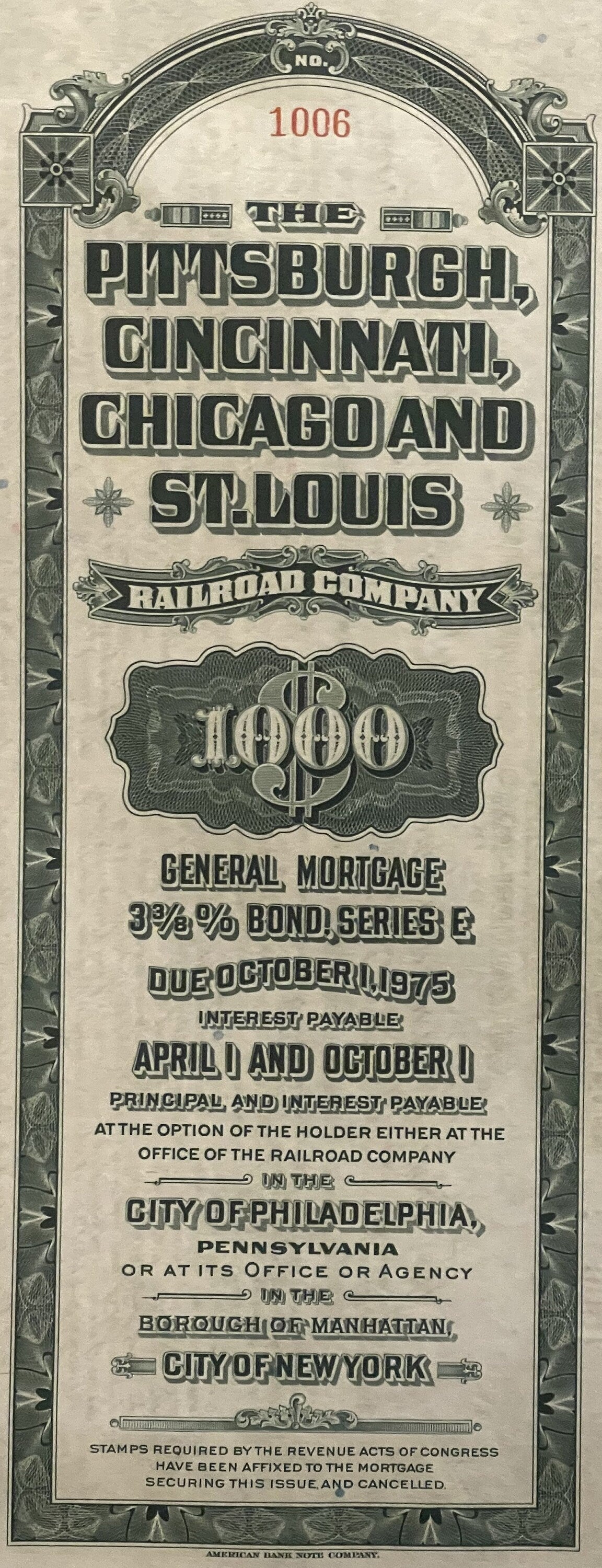 Vintage railroad bond certificate for Pittsburgh, Cincinnati, Chicago and St. Louis Railroad Company, $1,000 General Mortgage