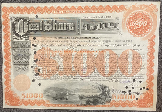 Ornate 1942 West Shore Railroad bond certificate with orange decorative border, "$1000" denominations, and steam ship engravi