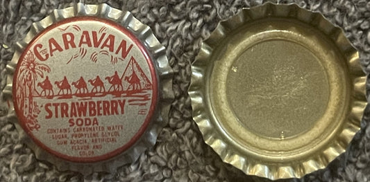 Vintage Caravan Strawberry Soda bottle cap showing red and white label with camel caravan design, displayed front and back on