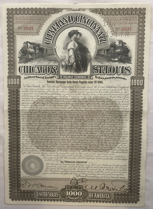 Full-page 1893 Cleveland Cincinnati Chicago St Louis Railway $1000 gold bond certificate with ornamental borders, steam locom