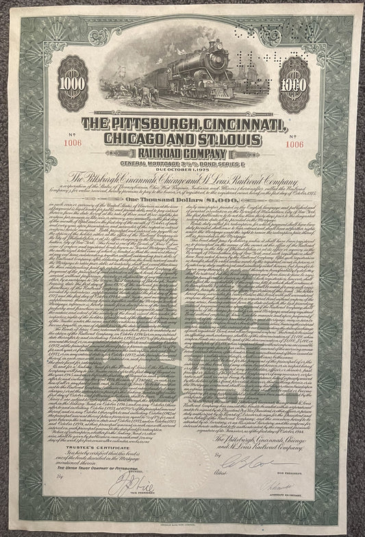 Vintage railroad bond certificate for Pittsburgh, Cincinnati, Chicago & St. Louis Railroad showing steam locomotive, ornate g