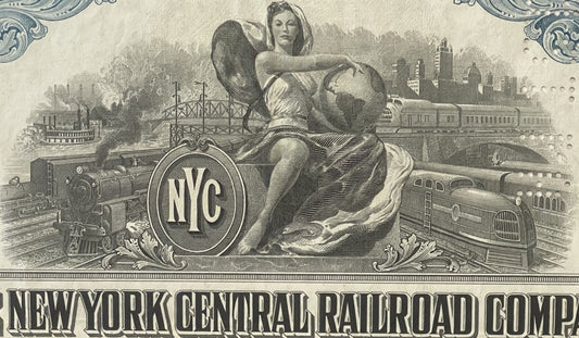 Engraved bond certificate featuring winged female figure with NYC initials, steamboat and locomotive imagery, ornate scrollwo