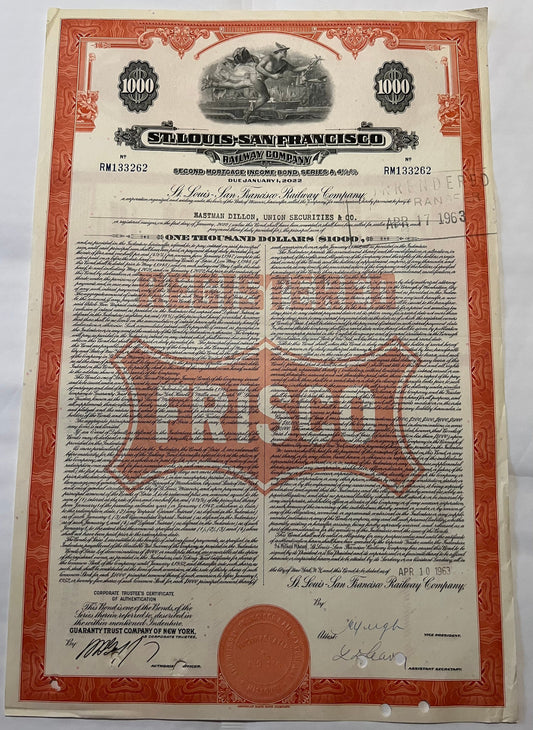 Full-page view of a 1963 St. Louis-San Francisco Railway $1,000 gold bond certificate with red ornamental border, black text,