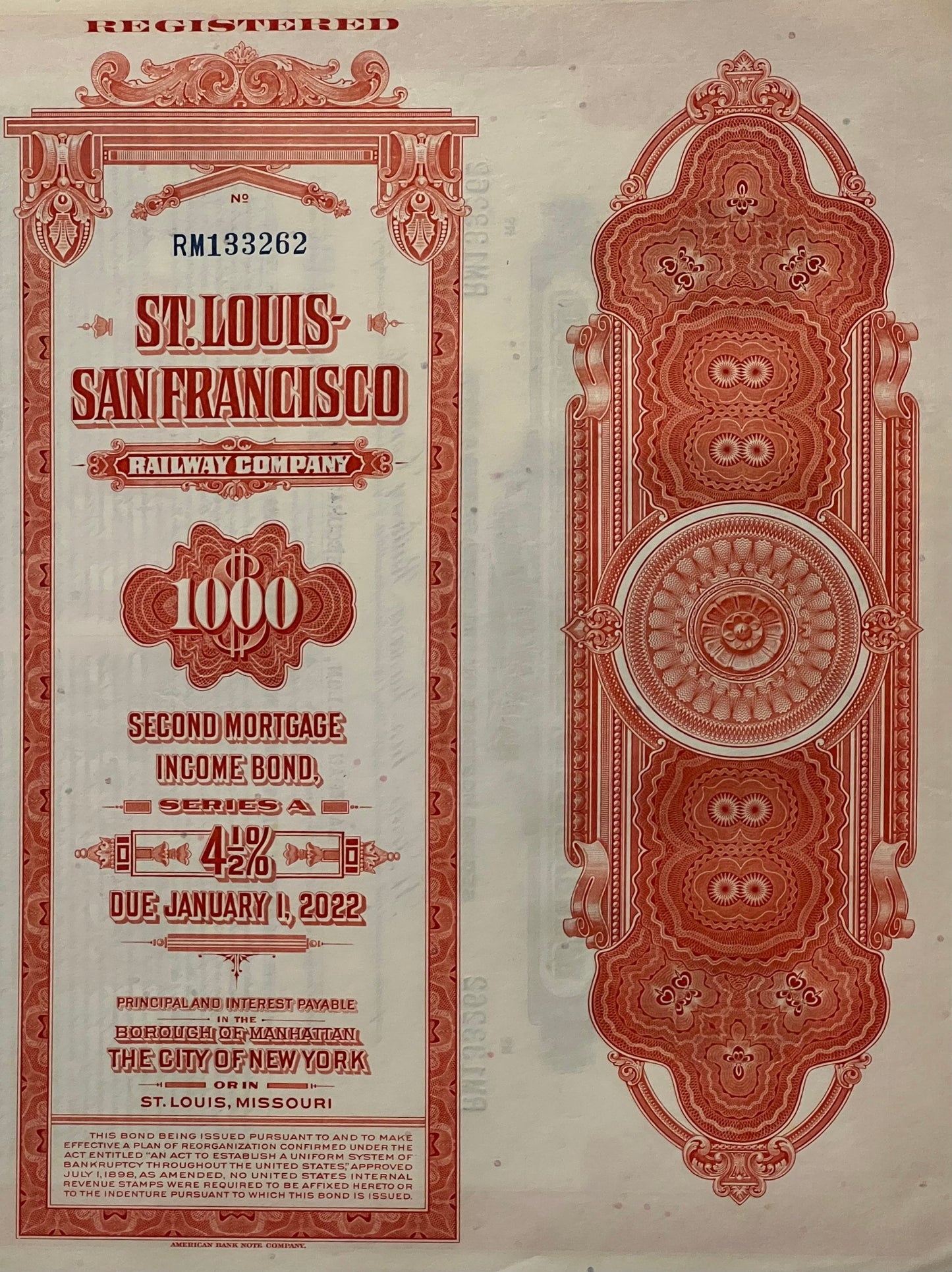 Vintage red and cream St. Louis-San Francisco Railway Company $1,000 second mortgage bond, Series A, 4½%, numbered RM133262,