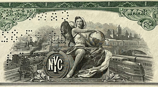 Ornate black and white engraved railroad bond certificate featuring NYC logo, allegorical female figure with globe, steam loc
