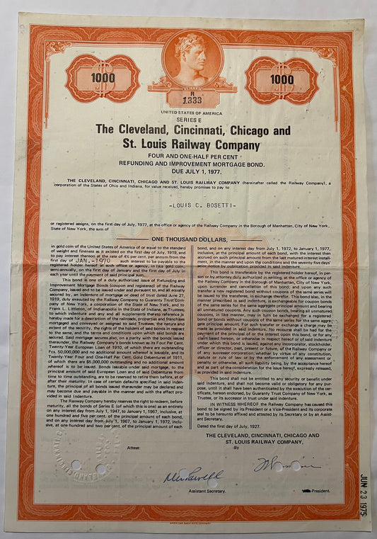 Full page of 1927 railroad bond certificate with orange decorative border, portrait medallion, and black text on cream paper,