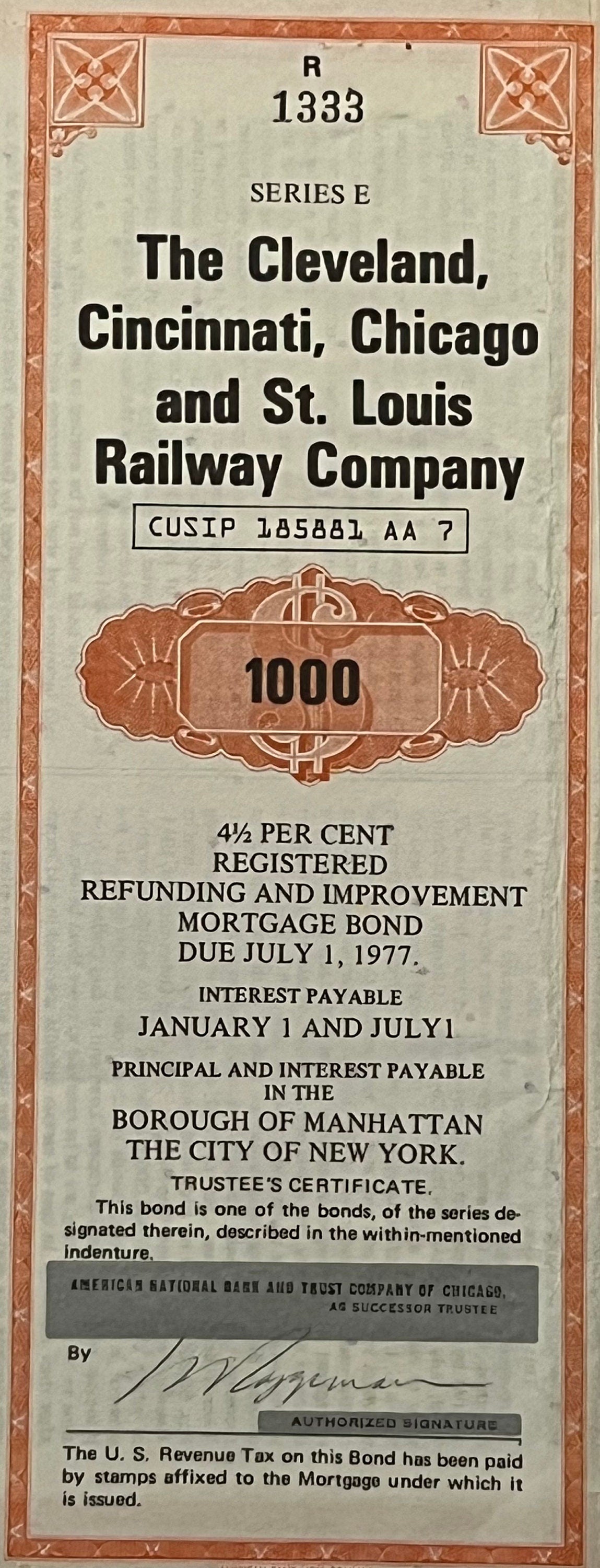 Ornate orange and cream railroad bond certificate for Cleveland, Cincinnati, Chicago and St. Louis Railway, Series E, $1000 d