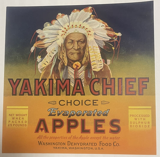 Vintage fruit crate label featuring a Native American chief in full headdress above red text reading "Yakima Chief Choice Evaporated Apples," with product details and Washington Dehydrated Food Co. branding on gold background.