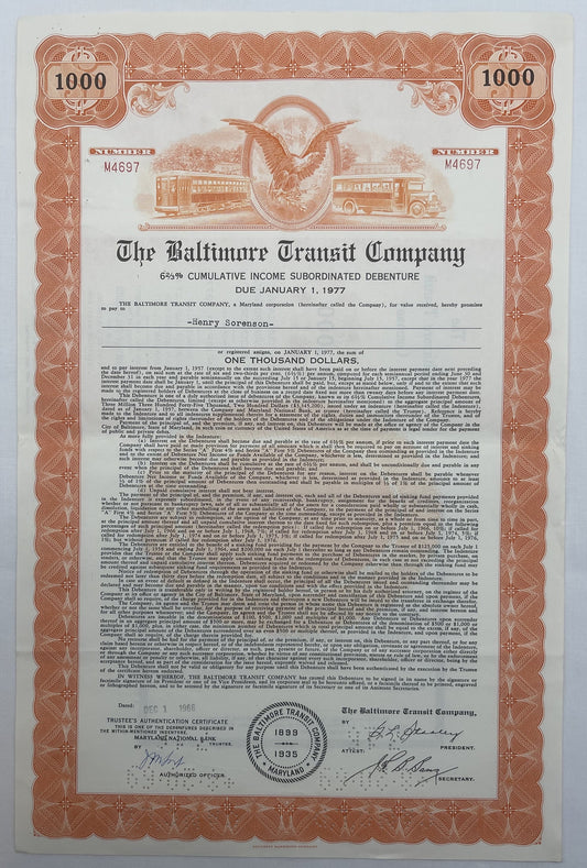 Vintage 1966 Baltimore Transit Company $1,000 bond certificate in brown and cream with ornate borders, eagle seal, and transi