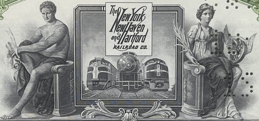 Black and white engraved vintage railroad bond certificate featuring classical figures and a streamlined locomotive with "New