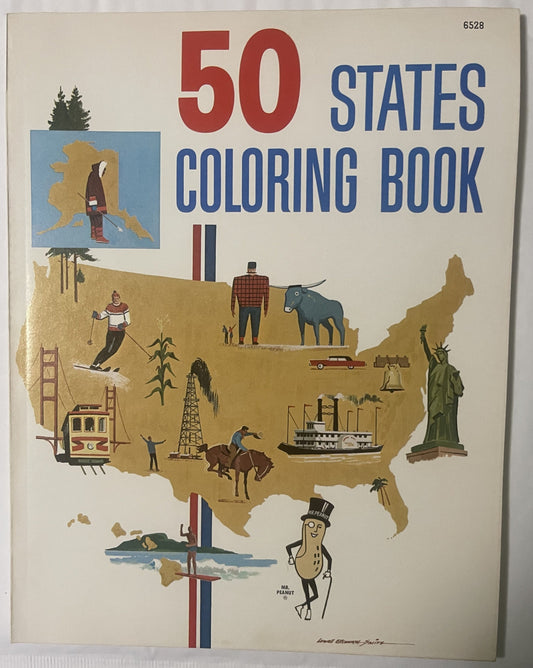 Cover of a 1968 50 States coloring book featuring a gold US map with illustrated icons, Mr. Peanut character, and regional sy