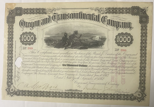 Antique 1882 Oregon and Transcontinental Railroad $1000 gold bond cream-colored with ornate borders and