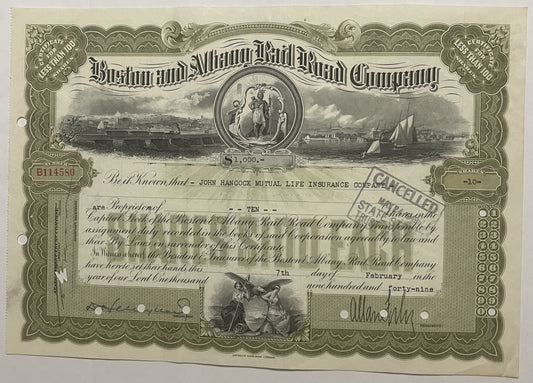Antique engraved stock certificate for Boston and Albany Rail Road Company with ornate border, locomotive and harbor imagery,