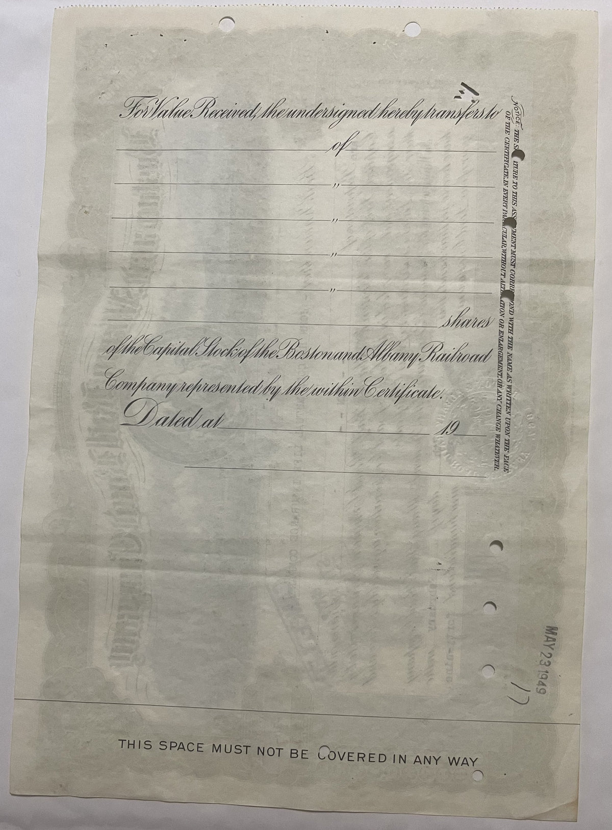 Blank engraved stock certificate form for Boston and Albany Railroad Company shares, cream colored aged paper with decorative