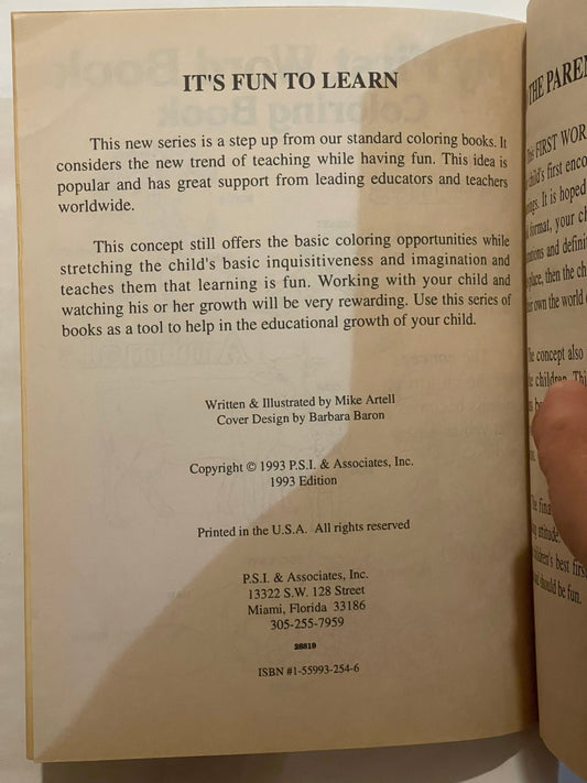 Open pages of a 1993 coloring book showing "It's Fun to Learn" text, copyright information, publisher details in Miami, Flori