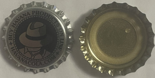 Front and back of a metal bottle cap featuring a man in a hat logo and "Havana Products" text, shown against a light backgrou