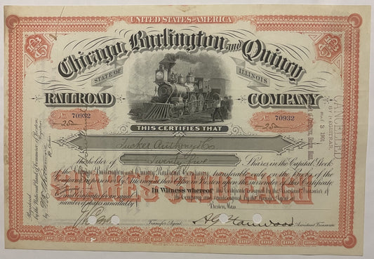 Vintage Chicago Burlington & Quincy Railroad stock certificate with ornate red border, steam locomotive engraving, and handwr