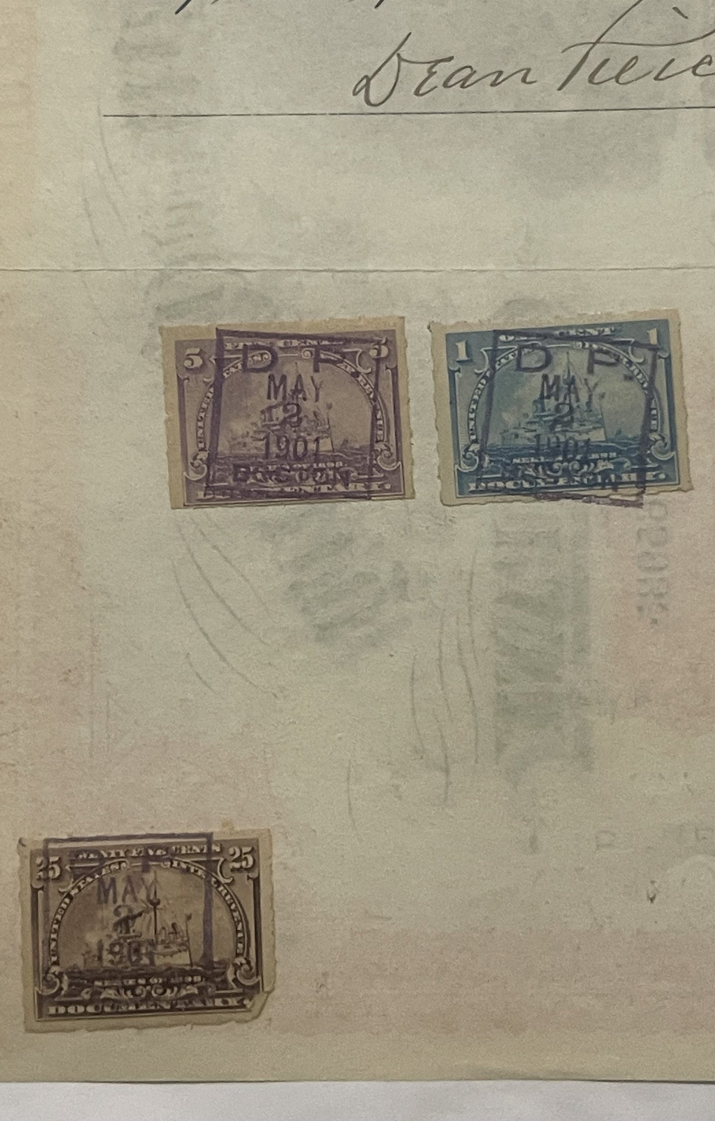 Three vintage German railway stamps dated May 1901 mounted on aged paper, showing denominations of 5, 1, and 25 pfennig with