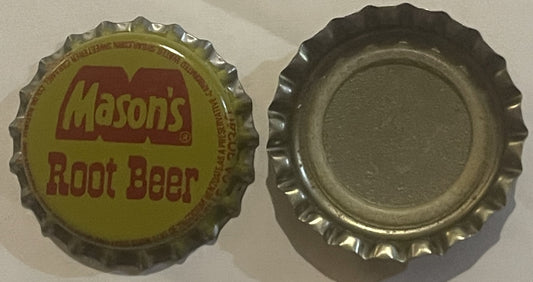 Vintage Mason's Root Beer bottle cap shown front and back, yellow with red lettering, metal with crimped edges, on white surf