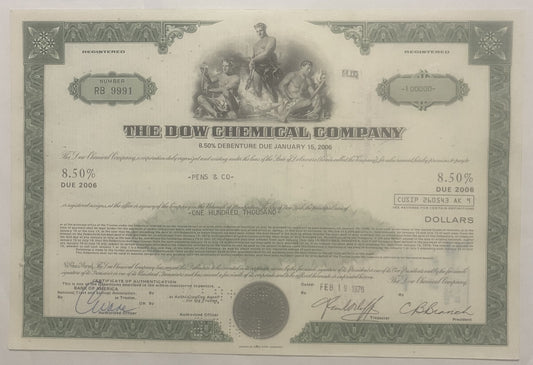 Vintage Dow Chemical Company 8.50% debenture stock certificate from 1976 in green and gray, numbered RB 9991, featuring class