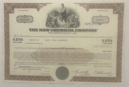 Vintage brown Dow Chemical debenture certificate for $25,000 at 8.875% interest due 2000, registered number RU12376, with dec
