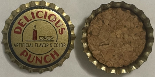 Vintage bottle cap showing front and back; front displays "Delicious Punch" text in red with bottle and cups imagery, noting