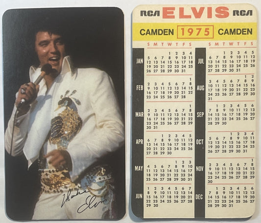 Front and back of 1975 Elvis Presley RCA Camden calendar card showing performer in white jumpsuit and full-year calendar grid