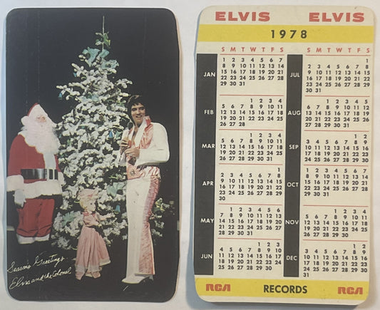 Front and back of a 1978 Elvis Presley RCA Records pocket calendar showing Elvis with Santa beside a decorated Christmas tree