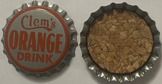Front and back of vintage Clem's Orange Drink bottle cap showing red text on gray liner and cork interior