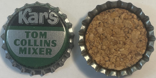 Front and back of green metal bottle cap embossed "Kar's Tom Collins Mixer" with cork-lined interior visible